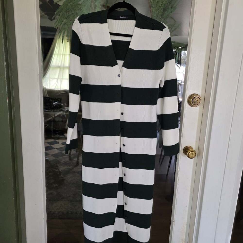Fashion Long Cardigan Sweater Womans Size S Green White Striped